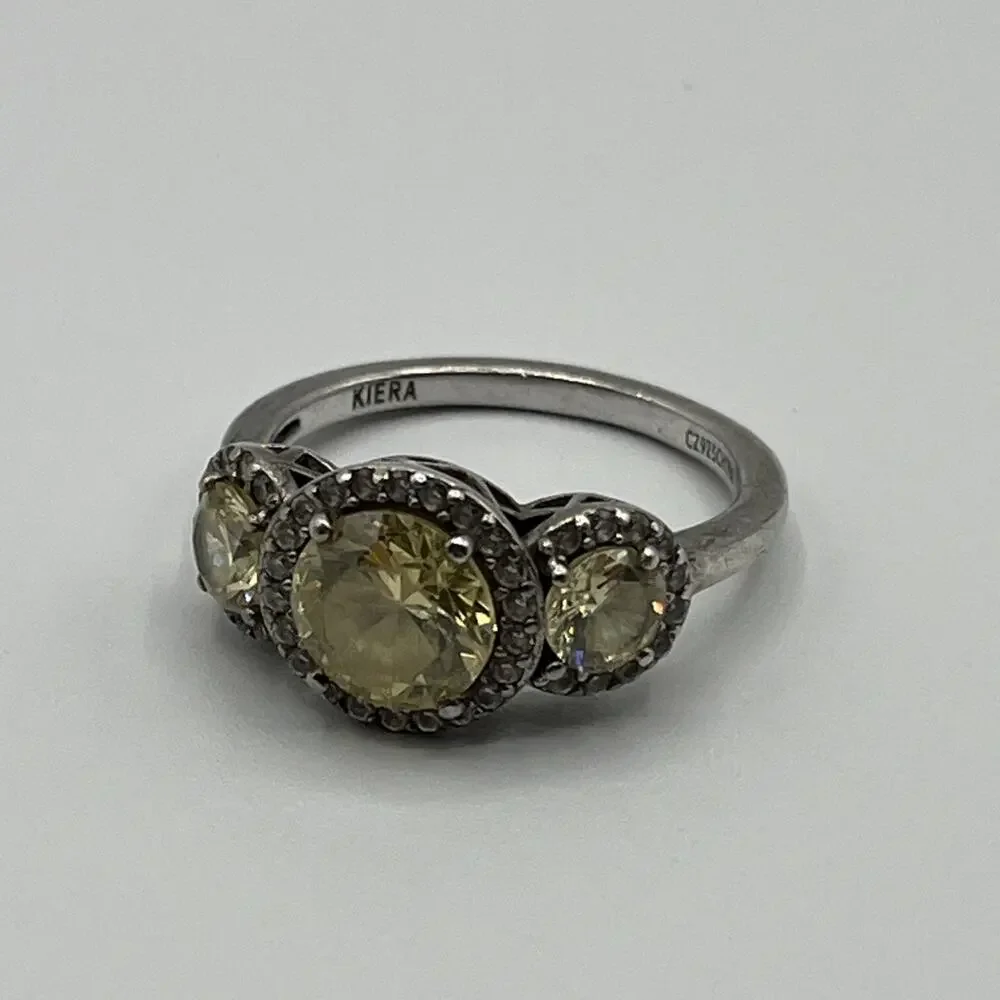 KIERA COUTURE 925 STERLING SILVER 3 CANARY YELLOW CRYSTALS HALO RING Sz 8